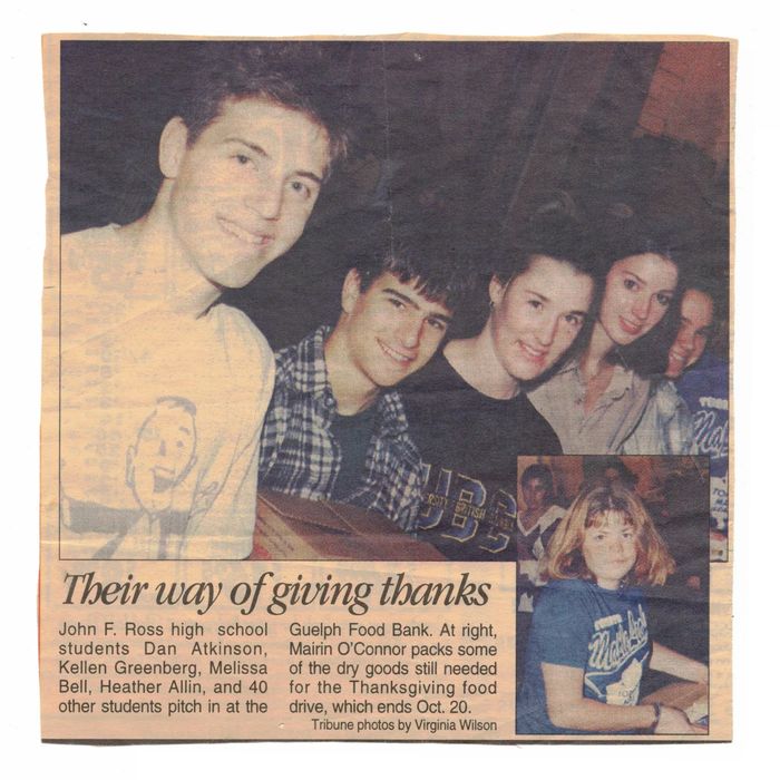 A Guelph Tribune clipping headlined "Their way of giving thanks". A teenaged Dan Atkinson smiles at the front of a group of John F. Ross students volunteering at the Guelph Food Bank Thanksgiving drive.